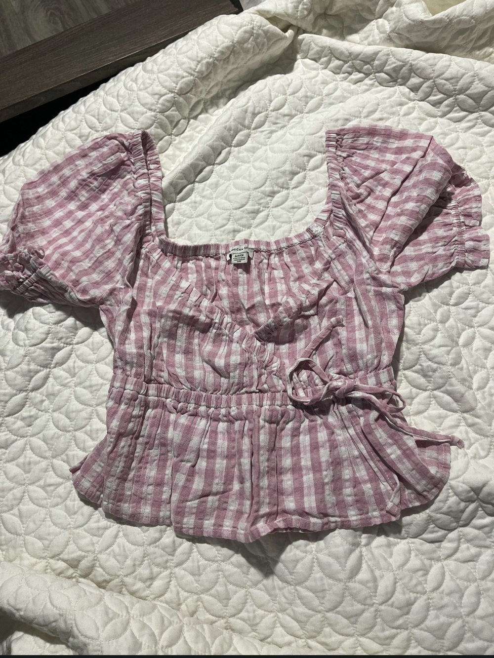American Eagle Outfitters Pink Gingham Puff-Sleeve Peplum Top